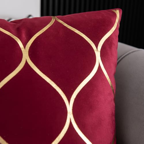 DEZENE Gold Velvet Throw Pillow Covers: 2 Pack 18x18 Inch Square Decorative Pillow Cases for Bedroom Sofa Couch Living Room, Christmas Burgundy Red - color: Burgundy Red, size: 18" x 18" (Pack of 2)