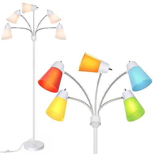 FOLKSMATE Floor Lamp, Medusa Multi Head Modern Tall Standing Light Fixture, Rustic Adjustable LED Reading Light for Living Room, Bedroom, Kids 5 White & Colored Lamp Shades, White - color: White