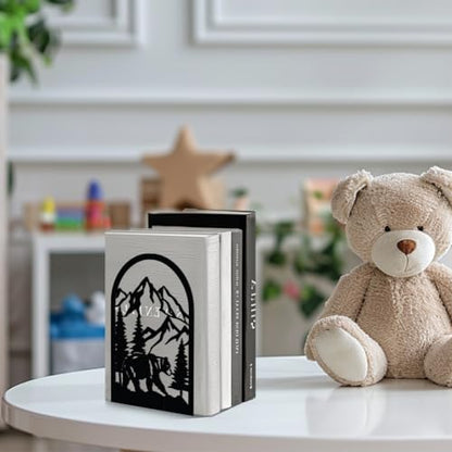 Peacoblue 5.3"x4.3"x7.9" Metal Bookends, Heavy Duty Book Ends for Shelves - style: Mountain and Forest with Bear
