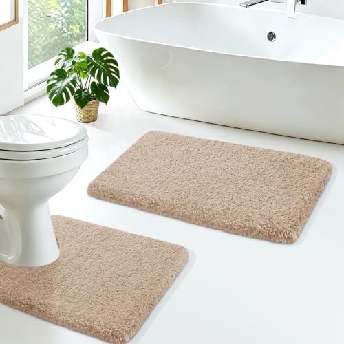 Microfiber Thick Bathroom Rugs Sets 2 Piece, Flurry Non Slip Bath Rug, Ultra Soft Plush Absorbent Bathroom Mat, Machine Washable Luxury Toilet Rug Set, Bath Mat for Tab, Shower and Bathroom, Beige - color: Beige, size: 24"x17"+24"x20" Contour Rug