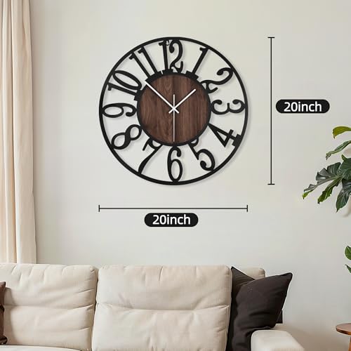 Maxstar Round Wall Clock for Living Room Decor Battery Operated Non Ticking Silent Vintage Black Metal Wood Clocks for Home Living Room Garden Farmhouse Office Kitchen Decoration -20 inch - color: Black-arabic Numerals, size: 20 Inch