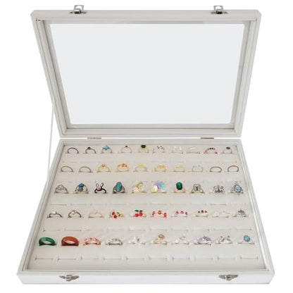 100-Slot Ring Organizer Box with Dust-Proof Transparent Glass Lid - color: Beige-100 rings