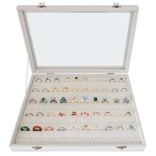 100-Slot Ring Organizer Box with Dust-Proof Transparent Glass Lid - color: Beige-100 rings