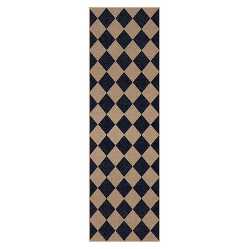 Lahome Checkered Easy Jute Rug, 2'6" x 8' Carpet Runners for Hallway 8ft Washable Rug Non Slip Kitchen Runner, Checkerboard Black Indoor Outdoor Carpet for Entryway
