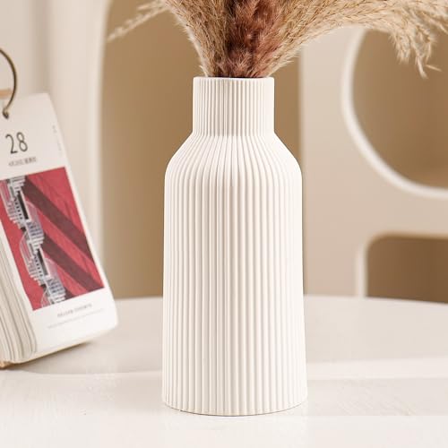 Bohemian White Ceramic Vase - for Pampas Grass, Mantel, Bookshelf, Entryway and Living Room Decor (White, 7in) - color: White, size: 7in-Round