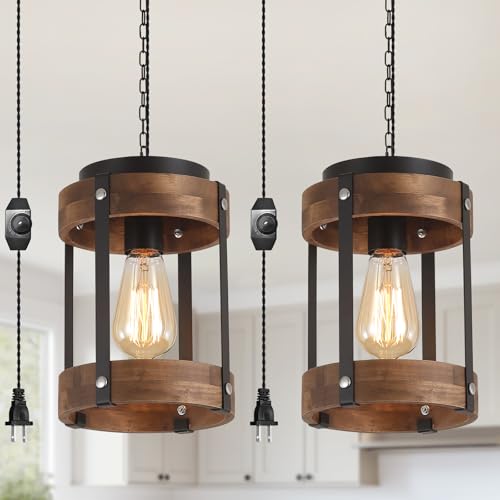 2 Pack Rustic Farmhouse Plug in Pendant Light Fixture with Adjustable Chain, Dimmable Switch, Oak Wood and Metal Drum Cage Mini Hanging Lamp for Kitchen Island Living Room Hallway Farmhouse, Black - size: Small 2-Pack Hanging Lamp