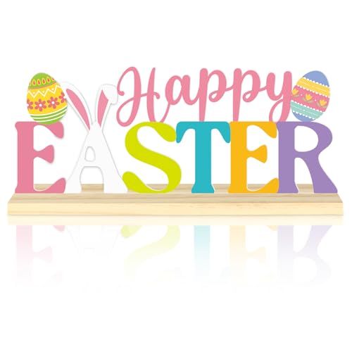 Happy Easter Metal Table Sign, Easter Table Decoration Centerpiece, Metal Letter Sign with Wooden Base,Colorful Spring Tabletop Decor for Home, Office, Shelf, Mantel, Indoor - color: Easters
