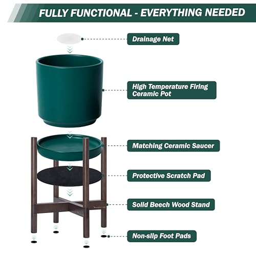 D'vine Dev Ceramic Pot with Walnut Wood Stand, Teal, 8 in, 55-B-Y-4 - color: Teal Pot + Walnut Color Stand, size: 8 Inch