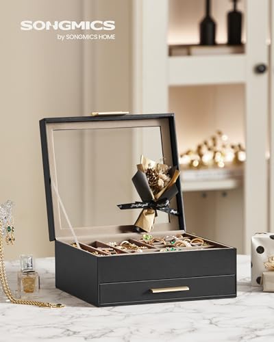 SONGMICS Jewelry Box Organizer, 2-Layer Storage with 1 Drawers, Glass Lid - color: Ink Black + Gold, size: 2 Layer (8"d X 9.1"w)