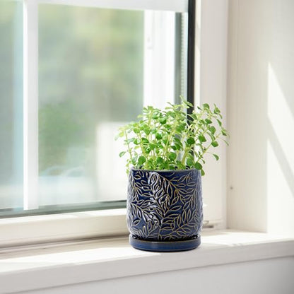D'vine Dev Embossed Leaves Ceramic Planter, 4 in, Midnight Blue, 27-A-Z-3 - color: Midnight Blue, size: 4 Inch