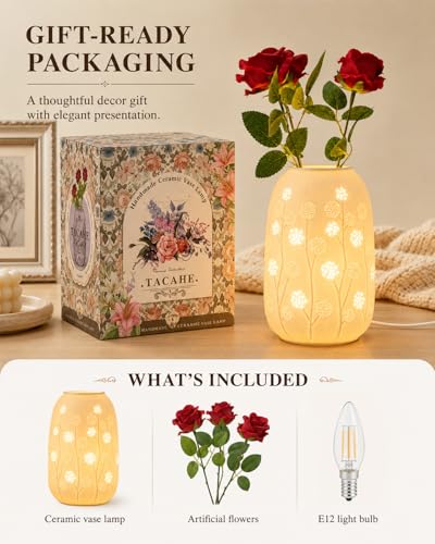 TACAHE Ceramic Vase Table Lamp - 2700K Bulb & 3 Artificial Flowers Included - style: Dandelion