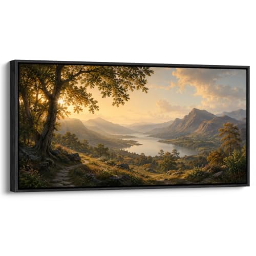 wall26 Extra Large Framed Wall Art Canvas Print - Golden Hour Mountain Lake Sunset Landscape - Contemporary Artwork for Living Room Bedroom Office - 60"x30" Black - color: A07-2607-ANG14, size: 60"L x 30"W, style: Black Frame