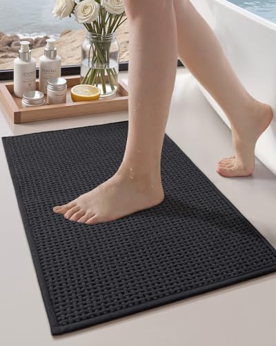 Color&Geometry Black 30x17 Waffle Bath Mat, Rubber Non Slip Bathroom Rug - color: Black, size: 17"x30"
