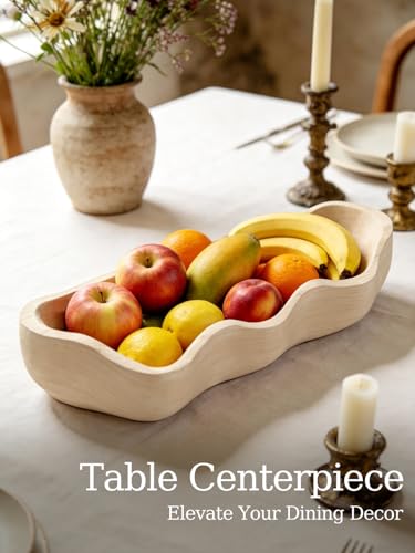 Large Decorative Bowl 16 Inch, Wavy Live Edge Wooden Dough Bowl White