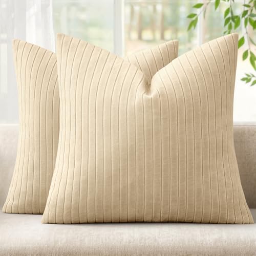MIULEE Set of 2 Beige Textured Striped Throw Pillow Covers 18x18 Inch - color: Beige, size: 18" x 18" (Pack of 2)