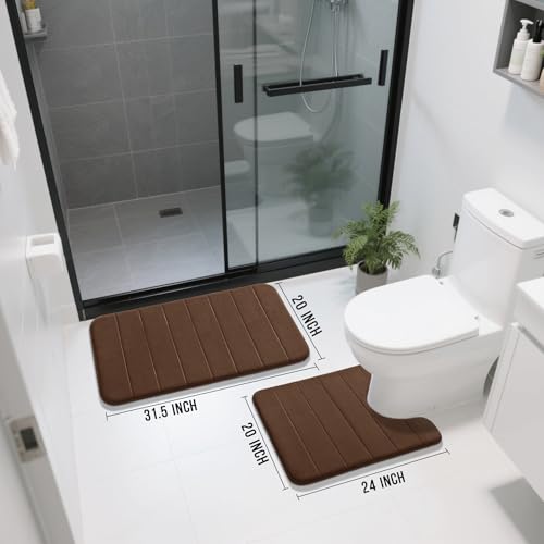 Yimobra Memory Foam Bathroom Mat Set, 31.5 x 20 & 24 x 20 in, Brown - color: Brown, size: 31.5x20+24x20 Inch