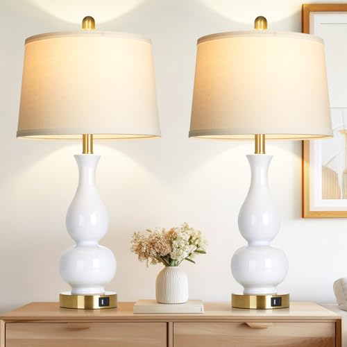 CINSARY 27" Double Gourd Ceramic Table Lamps Set of 2, Modern White Bedroom Lamp with USB A+C Ports, Elegant Bedside Lamp for Nightstand, Tall Lamps for Living Room Side End Table Home Decor - color: White