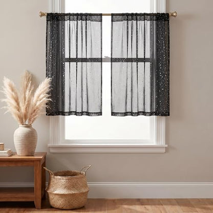 Horaldaily 2Pcs Black Tier Curtains 52x36in, Silver Sequin Star, Halloween - color: Black and Sliver, size: 52"W x 36"L (Pack of 2)