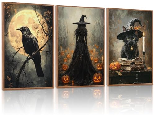 KAIRNE Black Cat Halloween Wall Art Dark Witch Gothic Print Set-24’’X36’’X3 - color: Dark Halloween, size: 24"Lx36"W