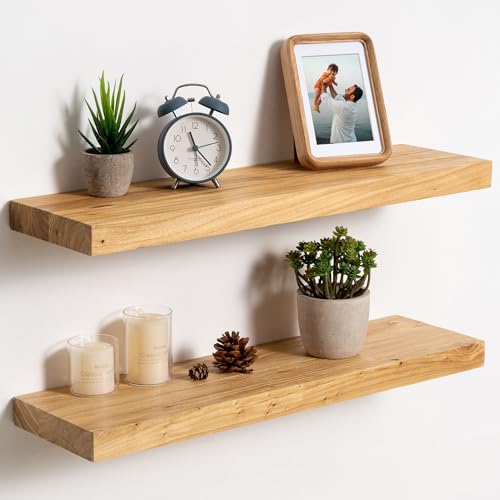 fuqing Floating Shelves for Wall, 24 Inch Rustic Solid Elm Wood Shelves - color: Natural Elm Flat Edge - 6.7"d, size: 24"L - 2Packs