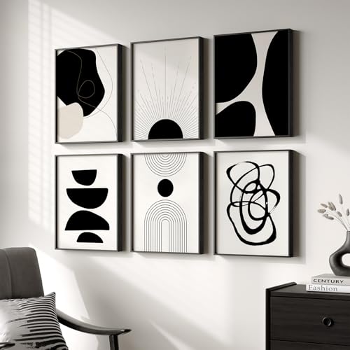 Framed Black and White Modern Abstract Wall Art for Living Room, 6 Pieces - color: Black and White