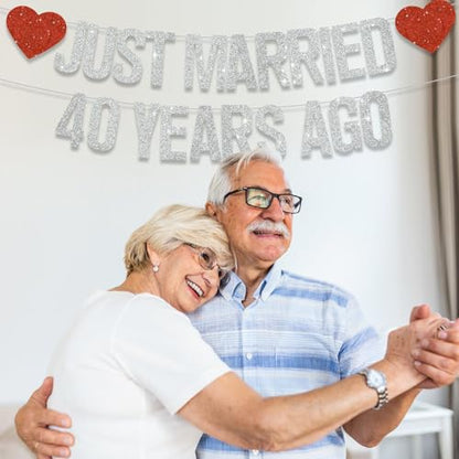 Silver Glitter Just Married 40 Years Ago Banner,NO DIY,Pre-Strung 40th Wedding Anniversary Party Decorations 40 Years Blessed & Loved Garland Sign We Still Do 40th Party Supplies - color: 40silver