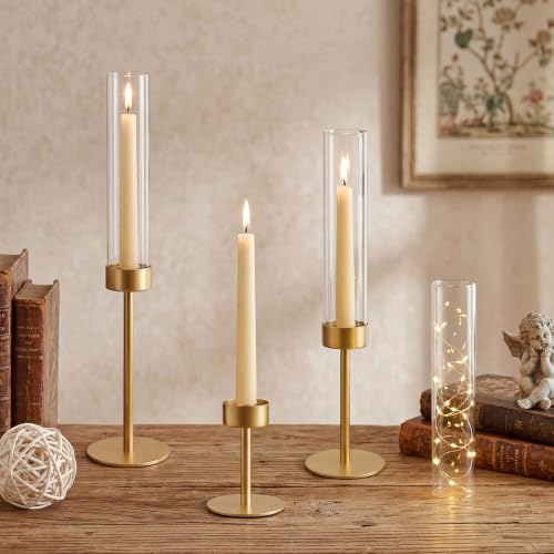 Hurricane Glass Candle Holders Set of 3 Gold Metal Taper Candlesticks