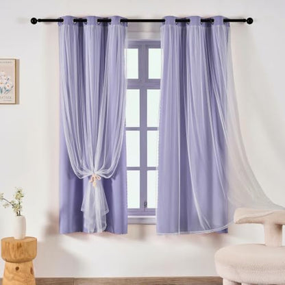 indistar Home Blackout Curtains Double Layer Solid Sheer Grommet Top Window Curtain Panel Pair, 35Wx63L，Lavender - color: Lavender, size: 35"W x 63"L (Pack of 2)
