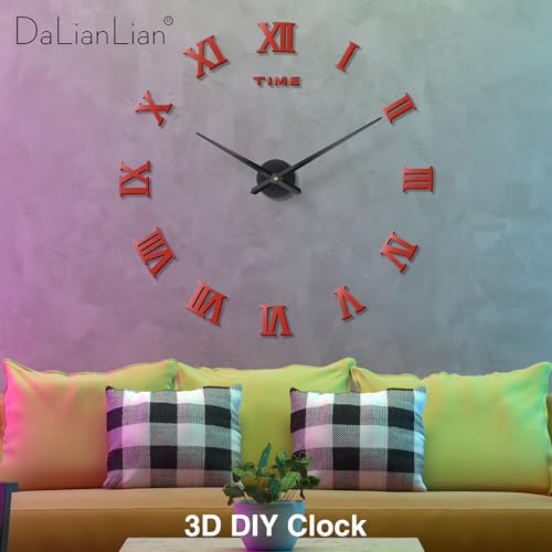 DIY Frameless Wall Clock, 3D, Adjustable Up to 52”, Red - color: Red