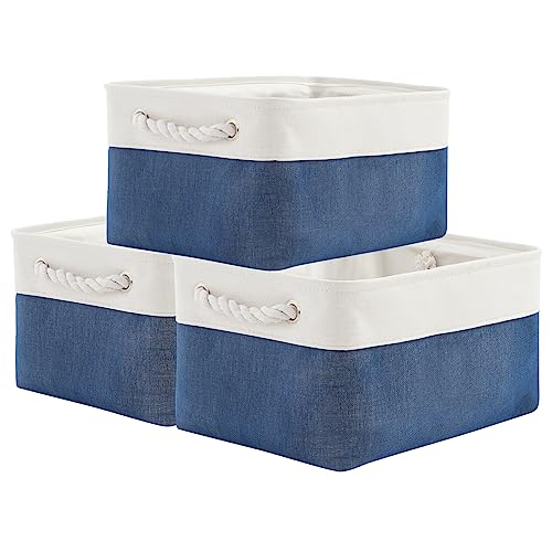 TheWarmHome Storage Basket for Organizing - Medium 3 Pack 14x10x7 inch Fabric Storage Cubes for Shelves with Rope, Collapsible Storage Bin for Organizer Closet Cloth Gift Toy (White & Jean Blue) - color: White & Blue, size: 3PCS/Medium -13.8Lx9.8Wx6.7H