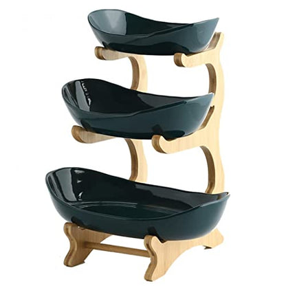 XUDREZ 3-Tier Ceramic Fruit Basket with Bamboo Tray, Large Capacity - color: Green