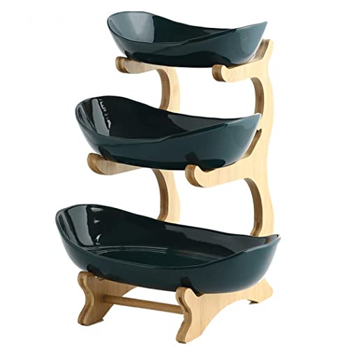 XUDREZ 3-Tier Ceramic Fruit Basket with Bamboo Tray, Large Capacity - color: Green