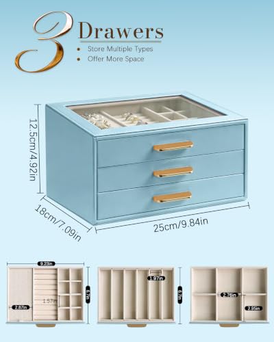 Homeanda Jewelry Boxes Organizer with Glass Lid, 3-Layer PU Leather, Blue - color: Smoky Blue, size: 3 Layer