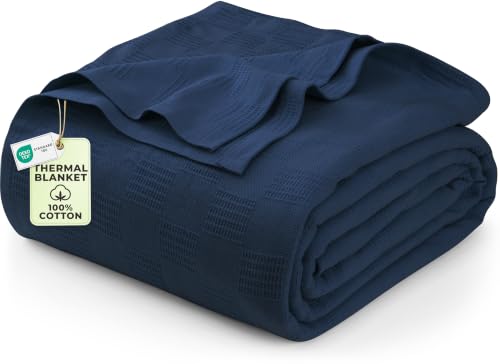 Utopia Bedding 100% Cotton Thermal Blanket Navy Queen, 90x90 Inches - color: Navy, size: Queen