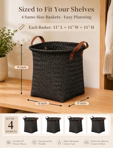 Wicker Storage Baskets, 4 Pack Woven Baskets for Shelves, Dark Gold - color: Round Dark Gold