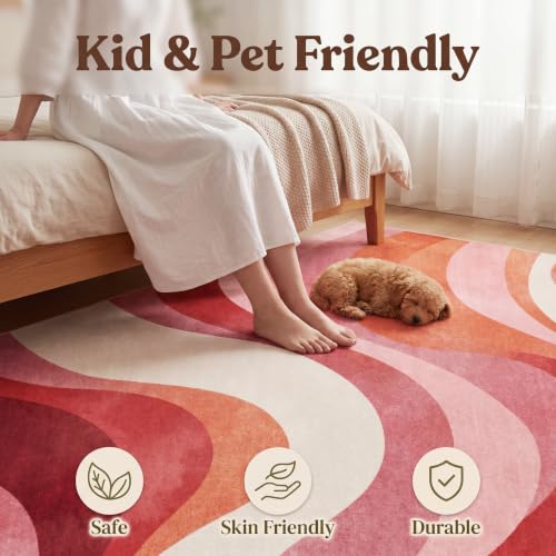 6x9 Pink and White Modern Abstract Wavy Washable Area Rug - color: Pink/White, size: 6' x 9' (Rectangular)