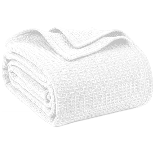100% Cotton Blankets for Bed - Waffle Weave Blankets for Summer, Lightweight and Breathable Soft Woven Blanket for Spring (White, Queen (U.S. Standard)) - color: White, size: Queen (U.S. Standard)
