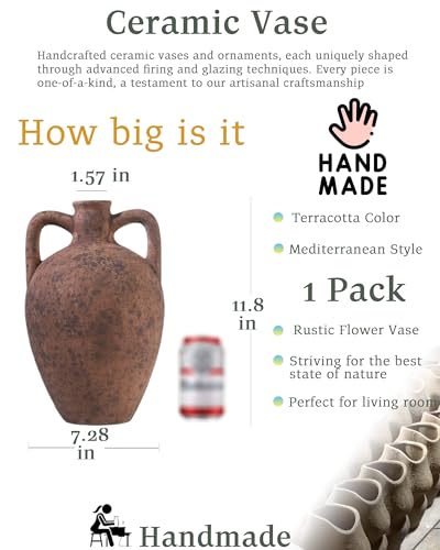 UPWOIGH 11.8in Terracotta Vase with Handles - color: Terracotta, size: 11.8''
