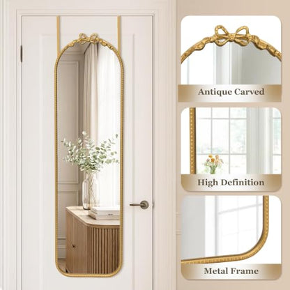 Besdomus Door Full Length Mirror: 14"x50" Gold Bow Over the Door Mirror - size: 50"L x 14"W