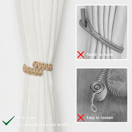 NICEEC 2 Pack Natural Jute Rope Curtain Tiebacks Farmhouse Rustic Style Decorative Drape Tie Backs Handmade Braided Curtain Holdbacks for Home & Office Sheer/Light Weight Drapery (J-Natural-S) - color: Natural-small, size: 2 Pack