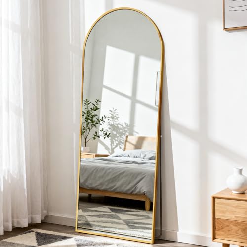 DUMOS Arched Mirror Full Length Floor, 56x15 Inch Full Body Standing Mirror - color: Gold-rounded, size: 56"L x 15"W