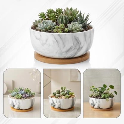 Pastel Marble Inspired 8 Inch Ceramic Succulent Planter with Drainage Hole & Bamboo Tray – Large Wide Round Pot Decorative for Indoor Plants, & Cactus