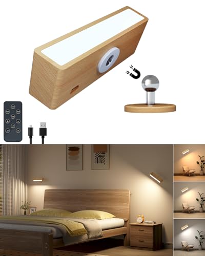 DetarZinLED Wooden Wall Sconce Battery Operated with Remote,Rechargeable Wall Lights for Bedroom with 3 Color Temperature, Magnetic, Stick-On, Dimmable Wall Reading Lights (Beechwood, 1 Pack) - color: Yellow, size: 1 Pack Remote
