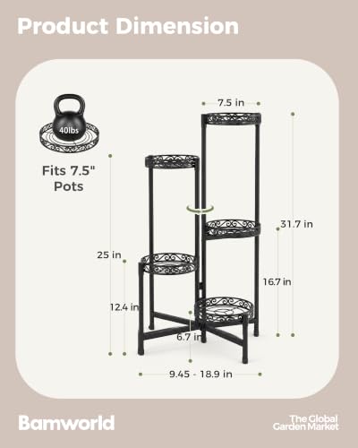 Bamworld Plant Stand Indoor Outdoor 5 Tier Corner Plant Shelf Metal Holder - color: Black Openwork, size: 5 Tiers