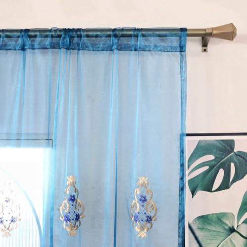 Amidoudou Rod Pocket Curtains European Luxury Sheer Embroidered Curtains for Living Room Bedroom (Blue,52" W x 90" L (Pack of 2)) - color: Blue, size: 52"W x 90"L (Pack of 2)