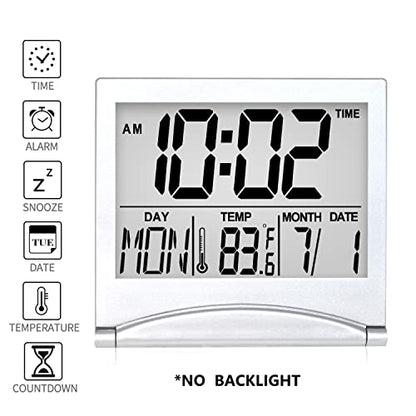 Betus Digital Travel Alarm Clock - Foldable Calendar Temperature Timer LCD Clock with Snooze Mode - Large Number Display, Battery Operated - Compact Desk Clock(Silver, No Backlight) - color: Silver Pack of 1