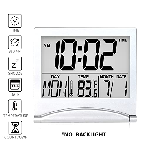 Betus Digital Travel Alarm Clock - Foldable Calendar Temperature Timer LCD Clock with Snooze Mode - Large Number Display, Battery Operated - Compact Desk Clock(Silver, No Backlight) - color: Silver Pack of 1