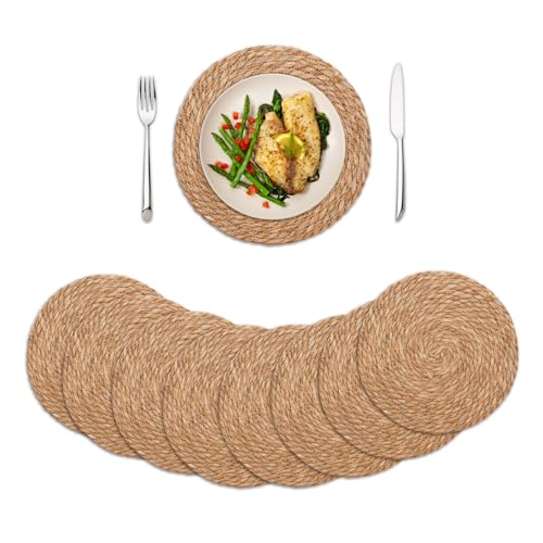 Round Woven Placemats Set of 8, 13 Inch Boho Farmhouse Rattan Placemats Rustic Braided Wicker Table Place Mats Chargers for Dinner Plates - size: 13 Inch Set of 8
