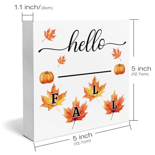 Fall Decor Hello Fall Wooden Box Sign Pumpkin Maple Leaf Decorations Rustic Home Desk Shelf Tabletop Decor 5 x 5 Inches - color: Multicolor hell