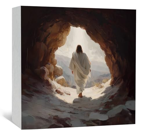 Jesus Easter Christian Wooden Box Signs, Religious Easter Decor, Jesus Resurrection Empty Tomb Christian Wood Sign Home Decor for Bedroom Church Desk Table Shelf 5x5 Inch - color: Empty Tomb